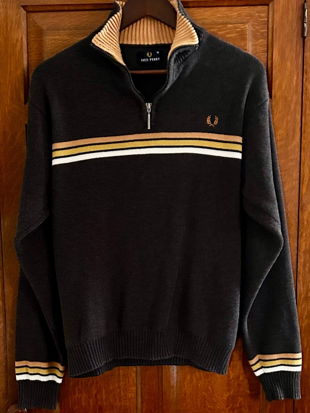 Fred Perry Men’s Black Half-Zip Sweater with Tan and White Stripes